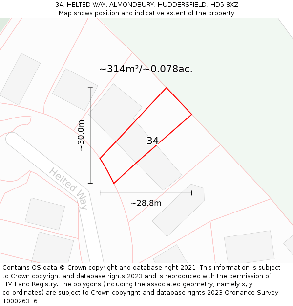 34, HELTED WAY, ALMONDBURY, HUDDERSFIELD, HD5 8XZ: Plot and title map