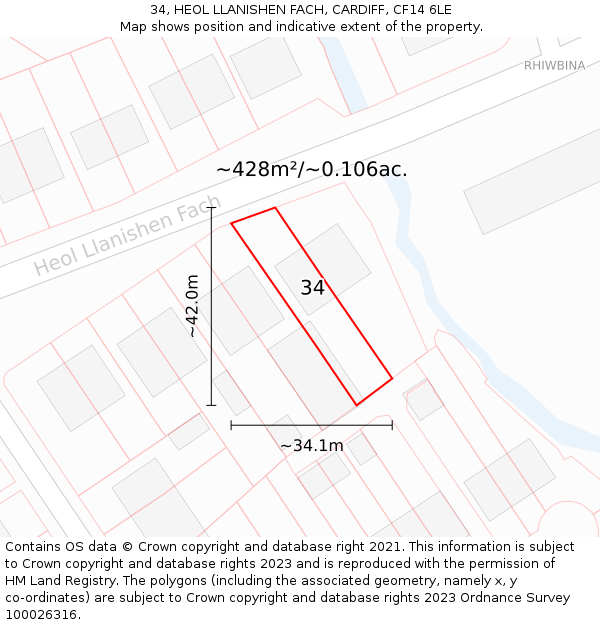 34, HEOL LLANISHEN FACH, CARDIFF, CF14 6LE: Plot and title map