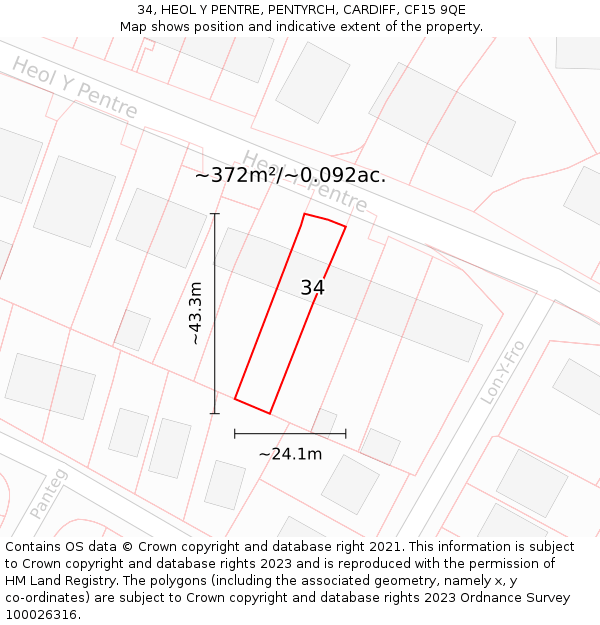 34, HEOL Y PENTRE, PENTYRCH, CARDIFF, CF15 9QE: Plot and title map