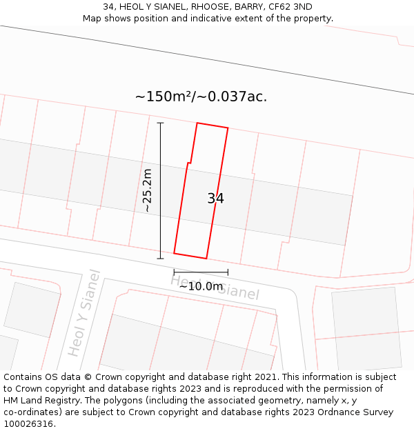 34, HEOL Y SIANEL, RHOOSE, BARRY, CF62 3ND: Plot and title map