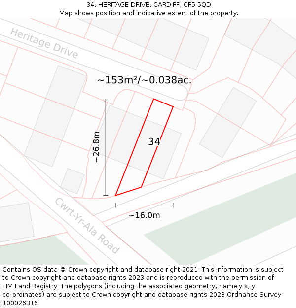 34, HERITAGE DRIVE, CARDIFF, CF5 5QD: Plot and title map