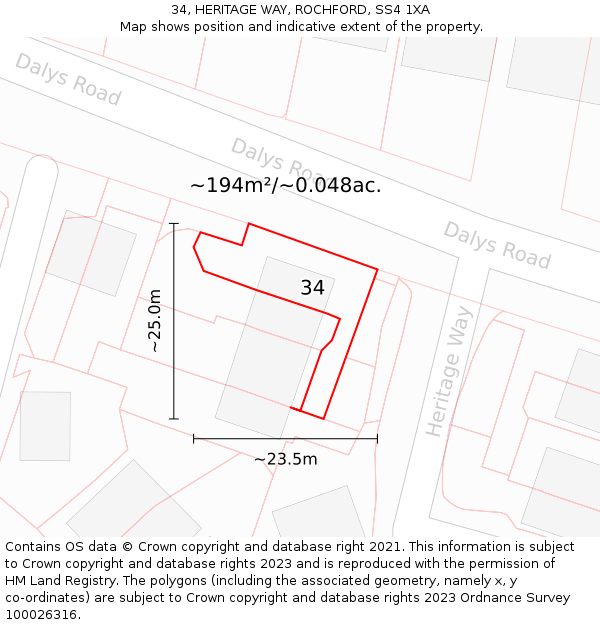 34, HERITAGE WAY, ROCHFORD, SS4 1XA: Plot and title map