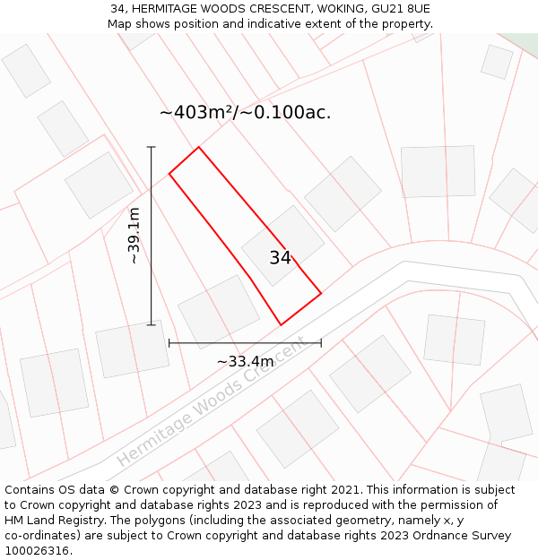 34, HERMITAGE WOODS CRESCENT, WOKING, GU21 8UE: Plot and title map
