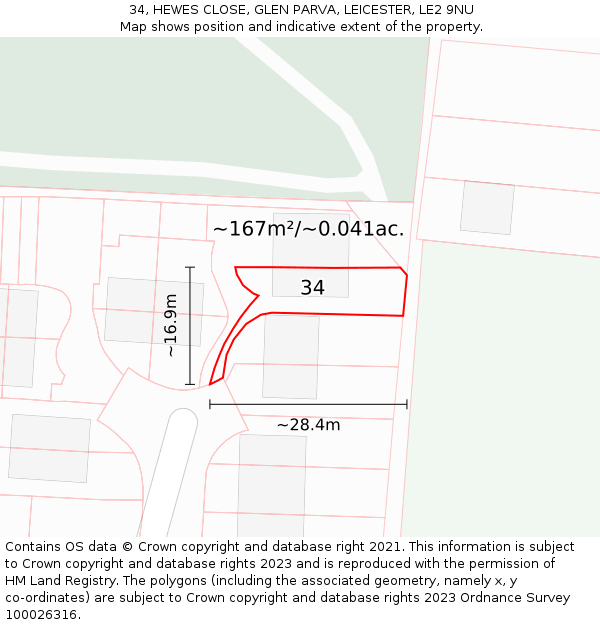 34, HEWES CLOSE, GLEN PARVA, LEICESTER, LE2 9NU: Plot and title map