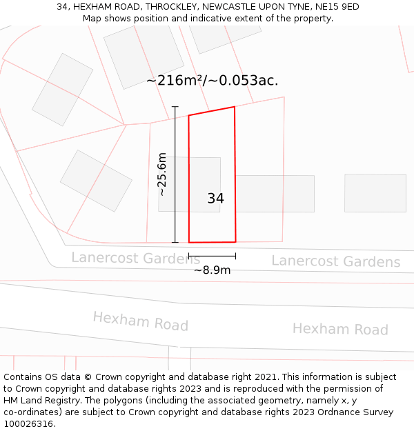 34, HEXHAM ROAD, THROCKLEY, NEWCASTLE UPON TYNE, NE15 9ED: Plot and title map