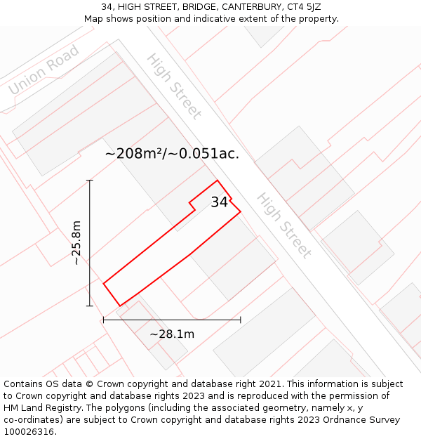 34, HIGH STREET, BRIDGE, CANTERBURY, CT4 5JZ: Plot and title map