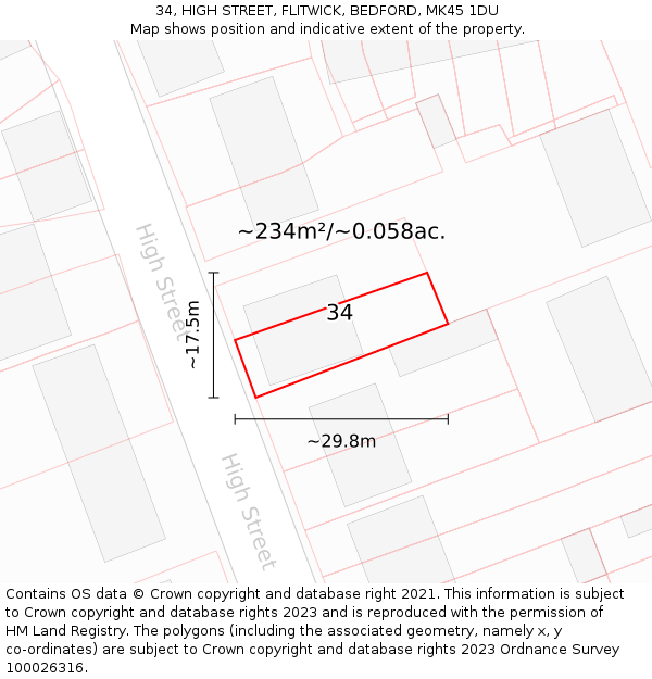 34, HIGH STREET, FLITWICK, BEDFORD, MK45 1DU: Plot and title map