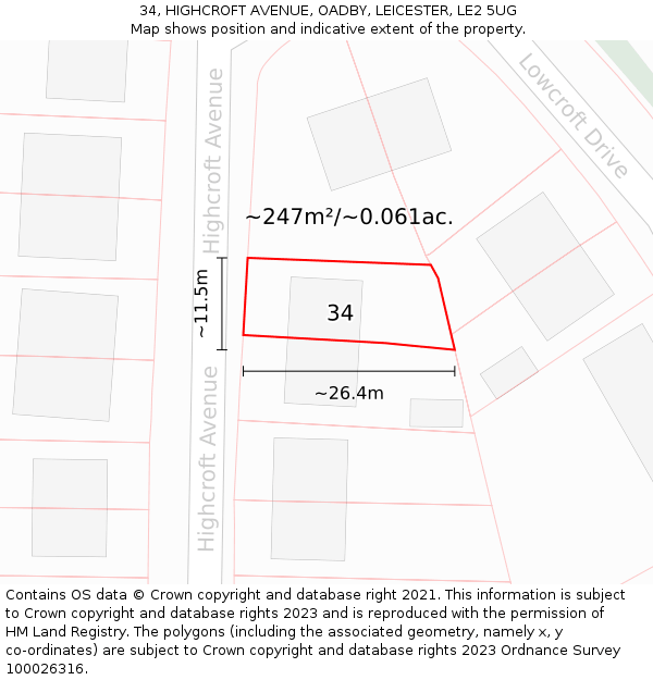 34, HIGHCROFT AVENUE, OADBY, LEICESTER, LE2 5UG: Plot and title map