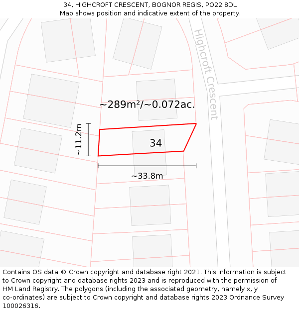 34, HIGHCROFT CRESCENT, BOGNOR REGIS, PO22 8DL: Plot and title map