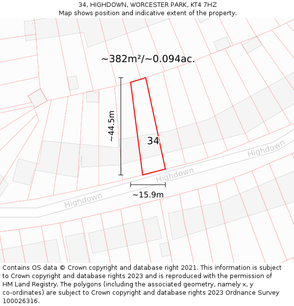 34, HIGHDOWN, WORCESTER PARK, KT4 7HZ: Plot and title map