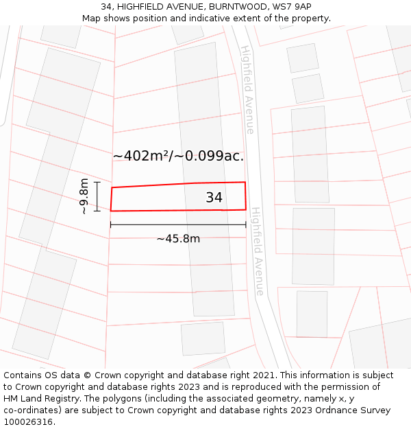 34, HIGHFIELD AVENUE, BURNTWOOD, WS7 9AP: Plot and title map