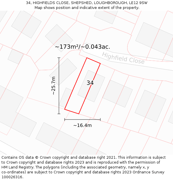 34, HIGHFIELDS CLOSE, SHEPSHED, LOUGHBOROUGH, LE12 9SW: Plot and title map