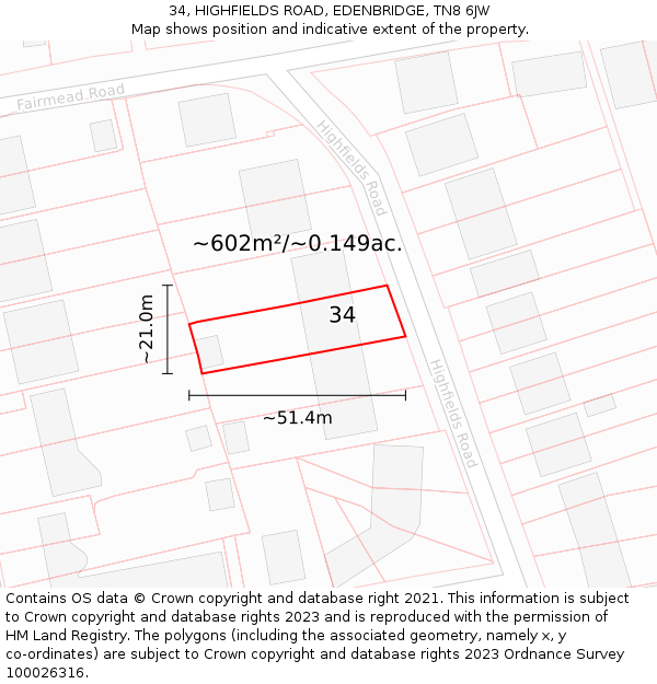 34, HIGHFIELDS ROAD, EDENBRIDGE, TN8 6JW: Plot and title map