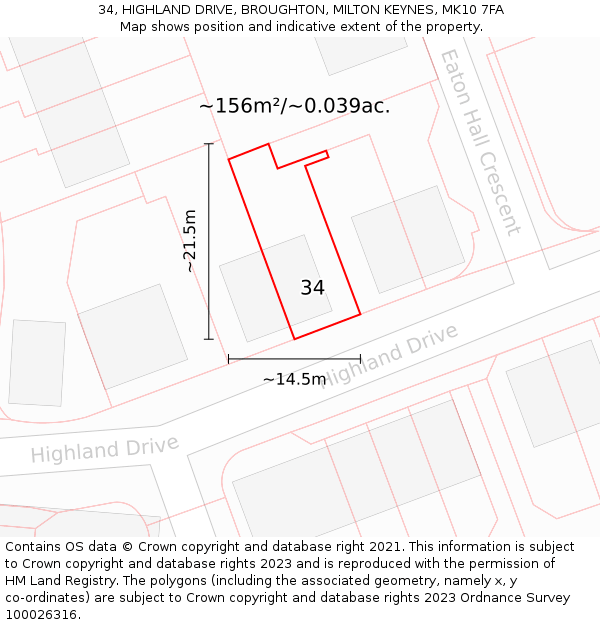 34, HIGHLAND DRIVE, BROUGHTON, MILTON KEYNES, MK10 7FA: Plot and title map