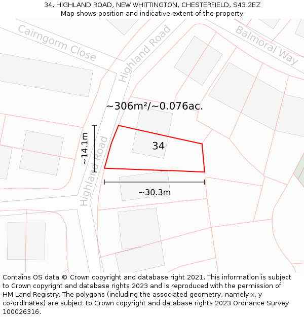34, HIGHLAND ROAD, NEW WHITTINGTON, CHESTERFIELD, S43 2EZ: Plot and title map