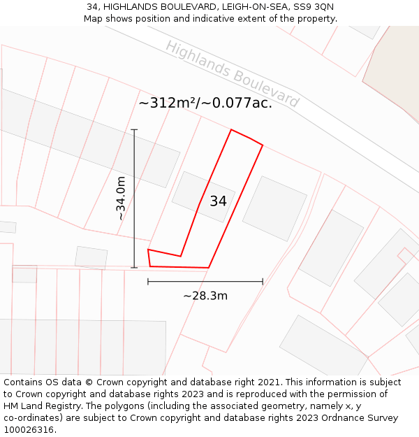34, HIGHLANDS BOULEVARD, LEIGH-ON-SEA, SS9 3QN: Plot and title map