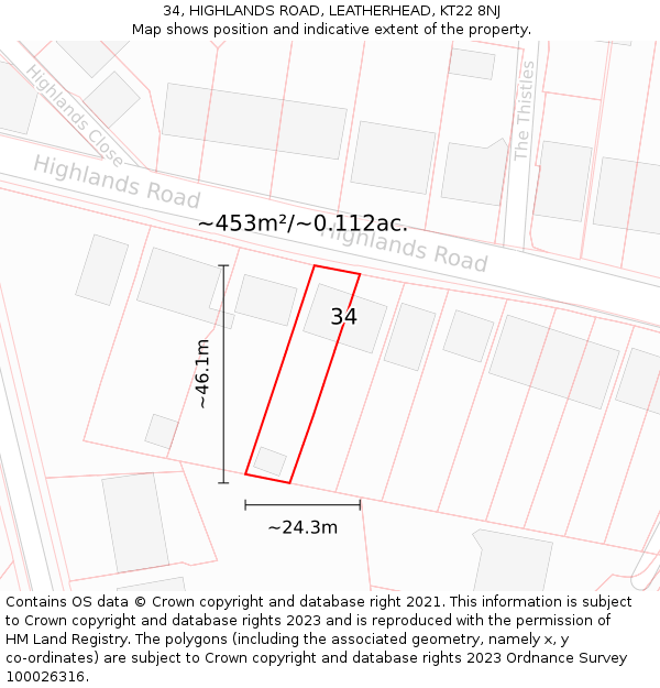34, HIGHLANDS ROAD, LEATHERHEAD, KT22 8NJ: Plot and title map