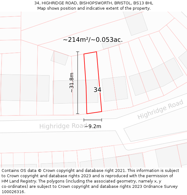34, HIGHRIDGE ROAD, BISHOPSWORTH, BRISTOL, BS13 8HL: Plot and title map