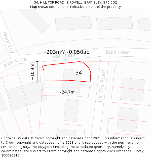34, HILL TOP ROAD, BIRDWELL, BARNSLEY, S70 5QZ: Plot and title map