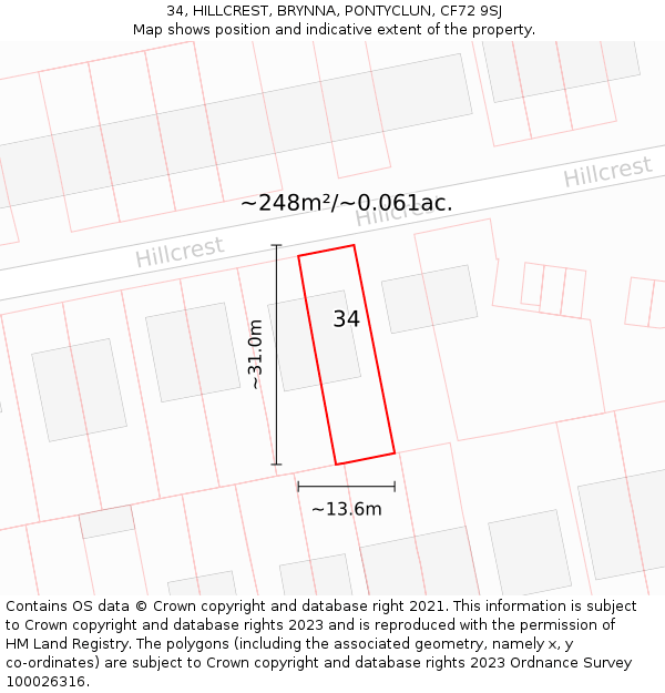 34, HILLCREST, BRYNNA, PONTYCLUN, CF72 9SJ: Plot and title map