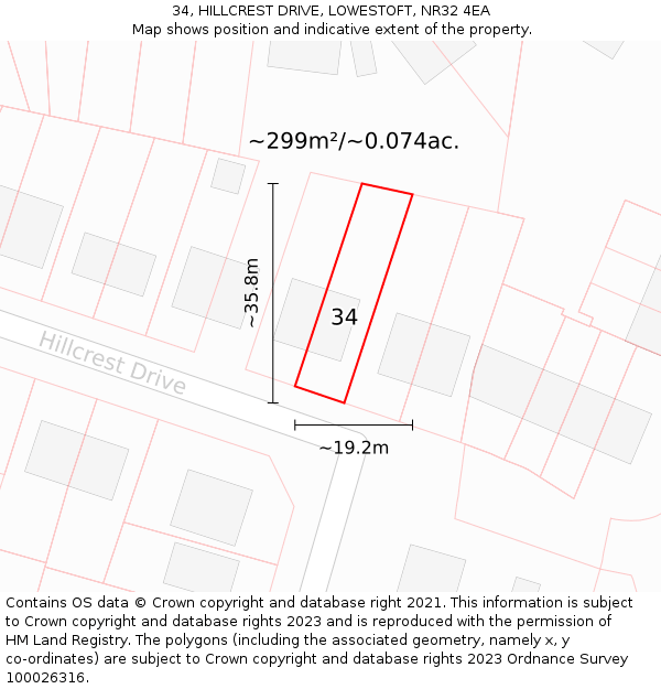 34, HILLCREST DRIVE, LOWESTOFT, NR32 4EA: Plot and title map