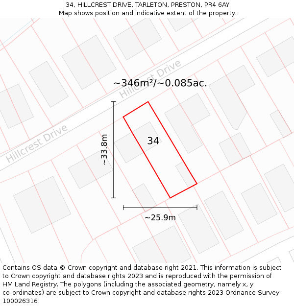 34, HILLCREST DRIVE, TARLETON, PRESTON, PR4 6AY: Plot and title map