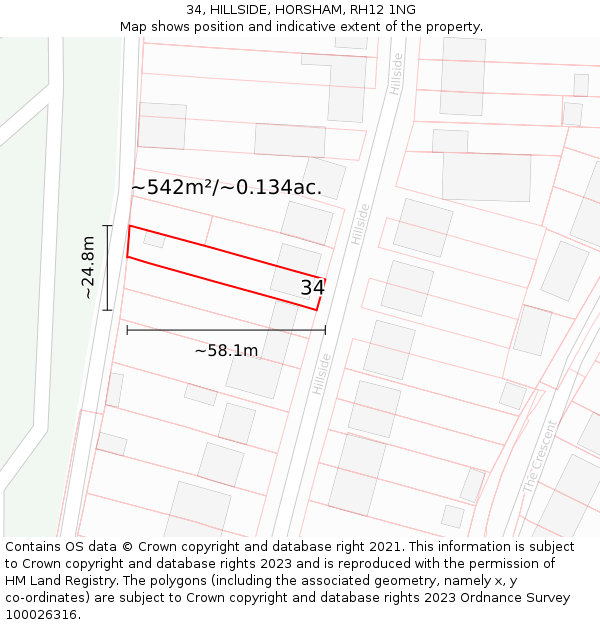 34, HILLSIDE, HORSHAM, RH12 1NG: Plot and title map