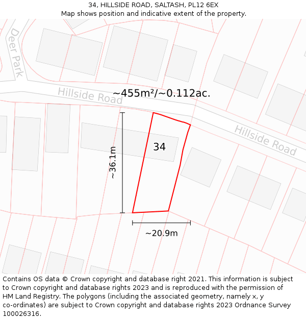 34, HILLSIDE ROAD, SALTASH, PL12 6EX: Plot and title map