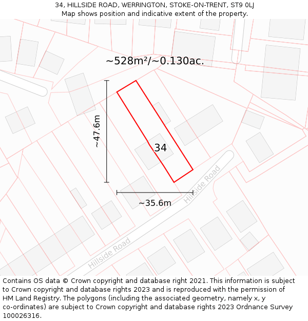 34, HILLSIDE ROAD, WERRINGTON, STOKE-ON-TRENT, ST9 0LJ: Plot and title map