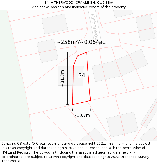 34, HITHERWOOD, CRANLEIGH, GU6 8BW: Plot and title map