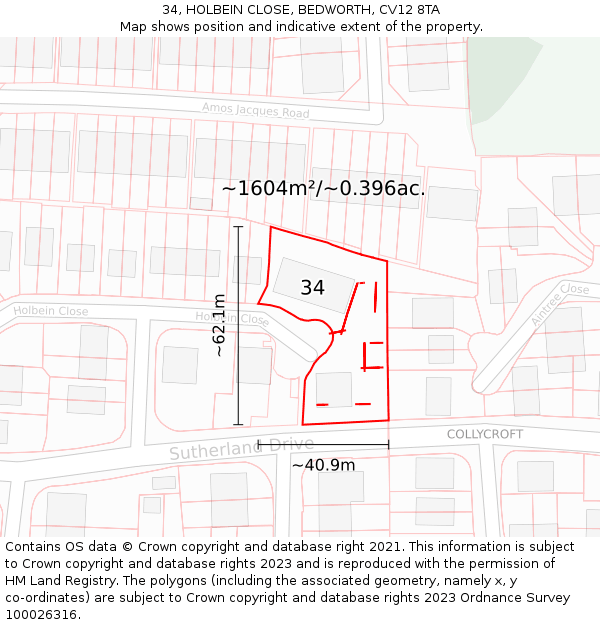 34, HOLBEIN CLOSE, BEDWORTH, CV12 8TA: Plot and title map