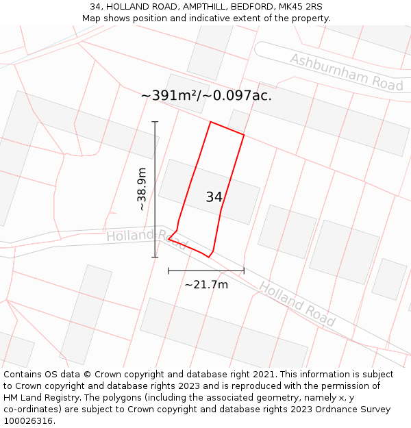 34, HOLLAND ROAD, AMPTHILL, BEDFORD, MK45 2RS: Plot and title map