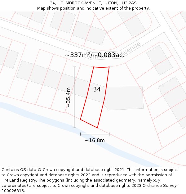 34, HOLMBROOK AVENUE, LUTON, LU3 2AS: Plot and title map