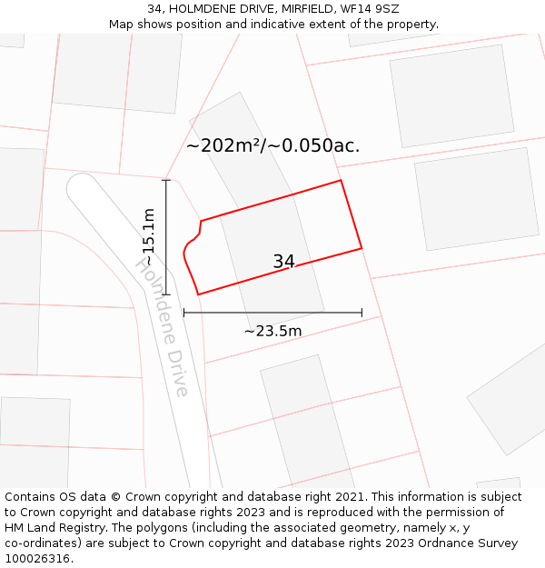34, HOLMDENE DRIVE, MIRFIELD, WF14 9SZ: Plot and title map
