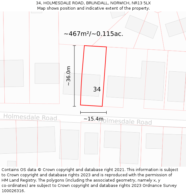 34, HOLMESDALE ROAD, BRUNDALL, NORWICH, NR13 5LX: Plot and title map