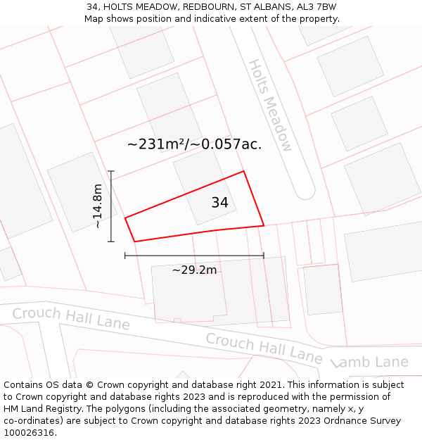 34, HOLTS MEADOW, REDBOURN, ST ALBANS, AL3 7BW: Plot and title map