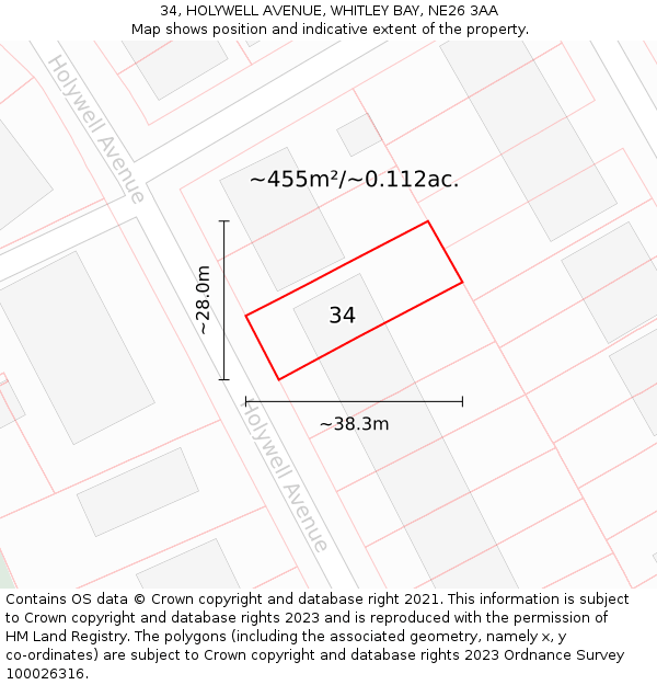 34, HOLYWELL AVENUE, WHITLEY BAY, NE26 3AA: Plot and title map