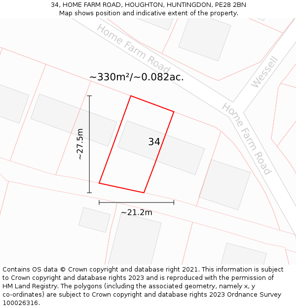34, HOME FARM ROAD, HOUGHTON, HUNTINGDON, PE28 2BN: Plot and title map