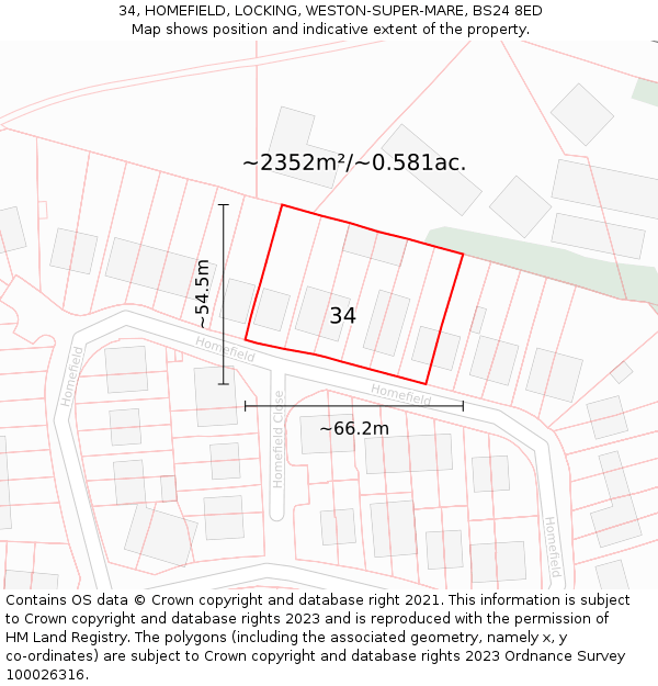 34, HOMEFIELD, LOCKING, WESTON-SUPER-MARE, BS24 8ED: Plot and title map