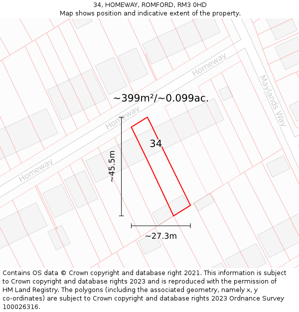 34, HOMEWAY, ROMFORD, RM3 0HD: Plot and title map
