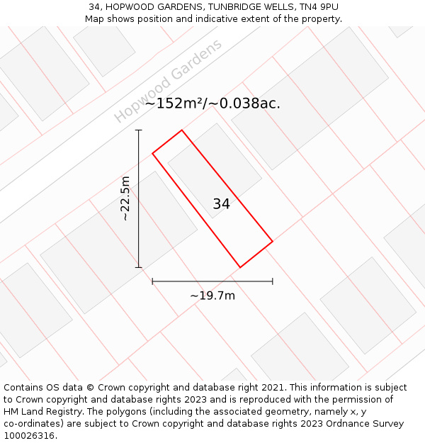 34, HOPWOOD GARDENS, TUNBRIDGE WELLS, TN4 9PU: Plot and title map