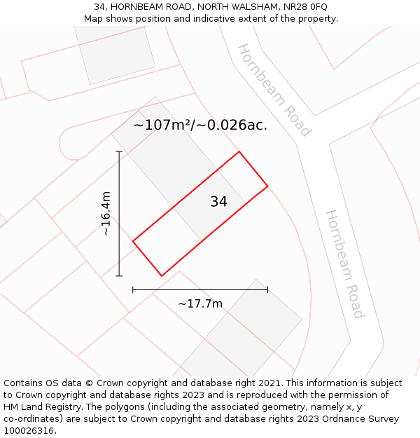 34, HORNBEAM ROAD, NORTH WALSHAM, NR28 0FQ: Plot and title map