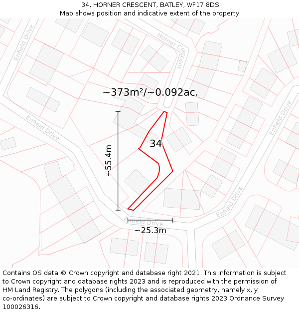34, HORNER CRESCENT, BATLEY, WF17 8DS: Plot and title map