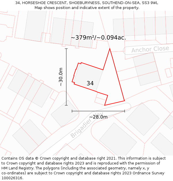 34, HORSESHOE CRESCENT, SHOEBURYNESS, SOUTHEND-ON-SEA, SS3 9WL: Plot and title map