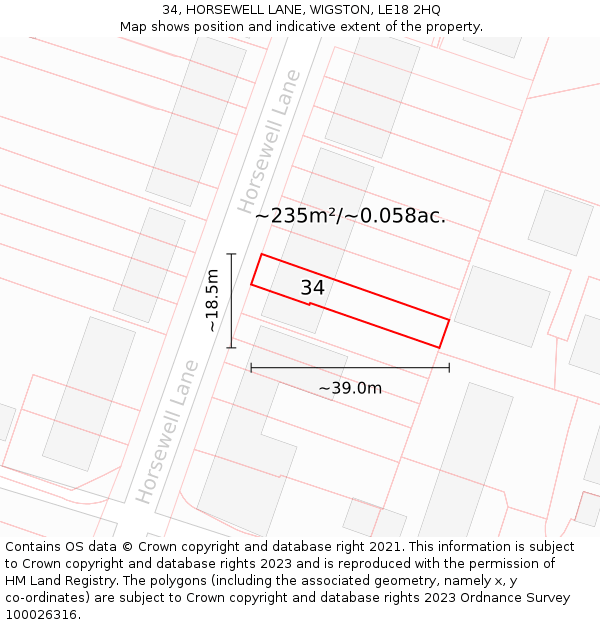 34, HORSEWELL LANE, WIGSTON, LE18 2HQ: Plot and title map