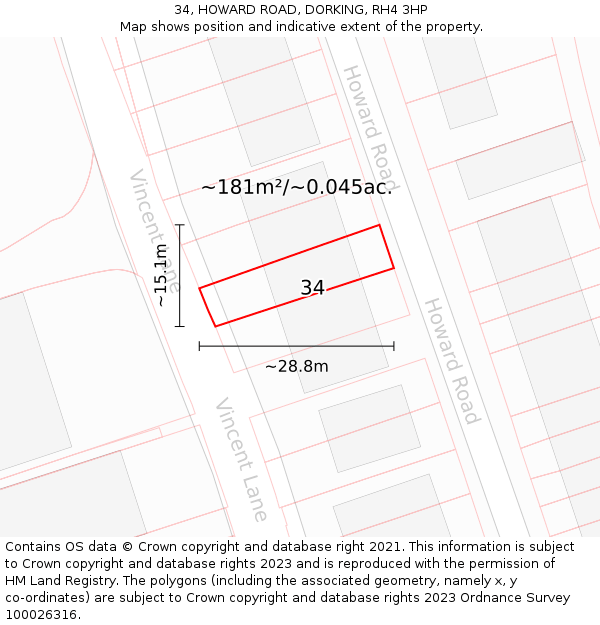 34, HOWARD ROAD, DORKING, RH4 3HP: Plot and title map