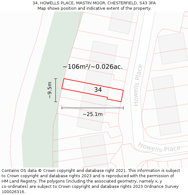 34, HOWELLS PLACE, MASTIN MOOR, CHESTERFIELD, S43 3FA: Plot and title map