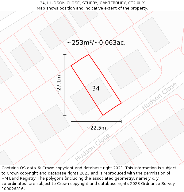 34, HUDSON CLOSE, STURRY, CANTERBURY, CT2 0HX: Plot and title map
