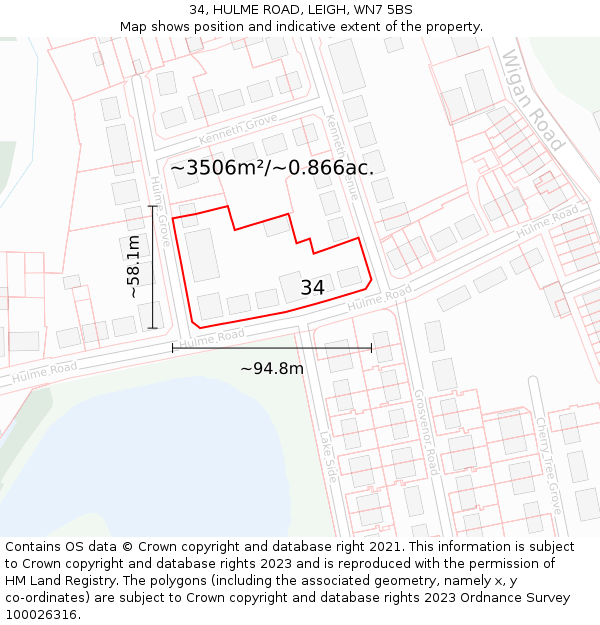 34, HULME ROAD, LEIGH, WN7 5BS: Plot and title map