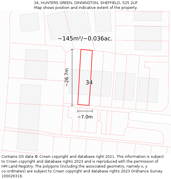 34, HUNTERS GREEN, DINNINGTON, SHEFFIELD, S25 2UF: Plot and title map